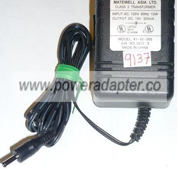MATEWELL 41-18-300 AC ADAPTER 18VDC 300mA USED -(+) 1x3.4x9.9mm MATEWELL 41-18-300 AC ADAPTER 18VDC 300mA USED -(+) 1x3.4x9.9mm